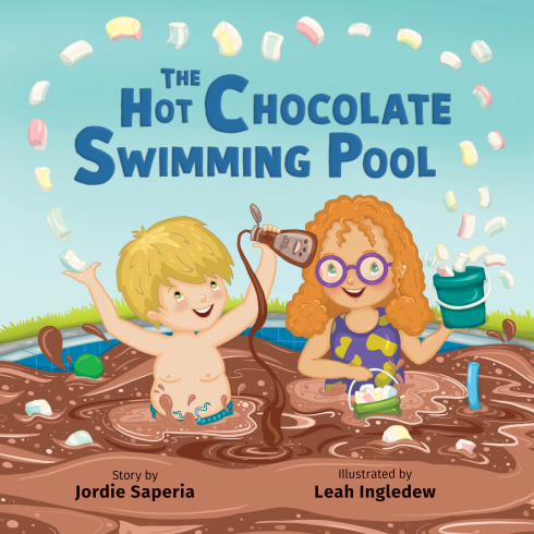 A pool filled with hot chocolate, with two young children swimming in it, tossing marshmellows playfully into the air.